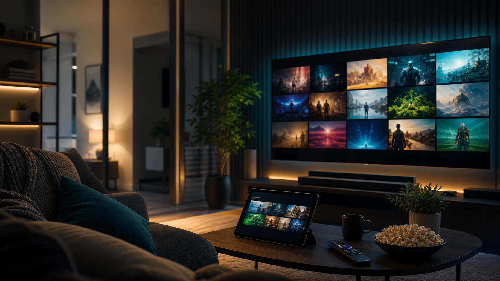 Warme Wohnzimmer-Szene mit Smart TV und Streaming-Geraeten
